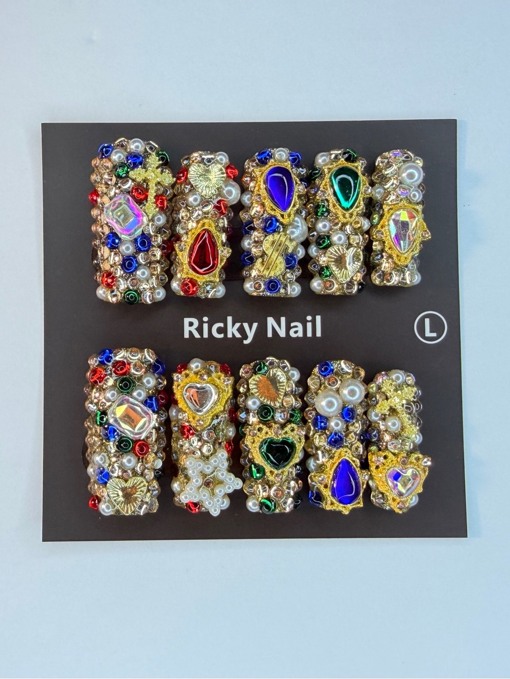 Ricky Nail Press On Nails L Multicolor Gem Pearl Gold 3D Bling Set